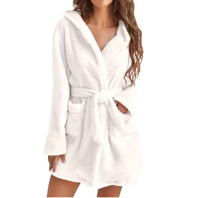 Elegant women's hooded spa bathrobe. Soft plush fleece for cozy warmth & ultimate comfort at home.