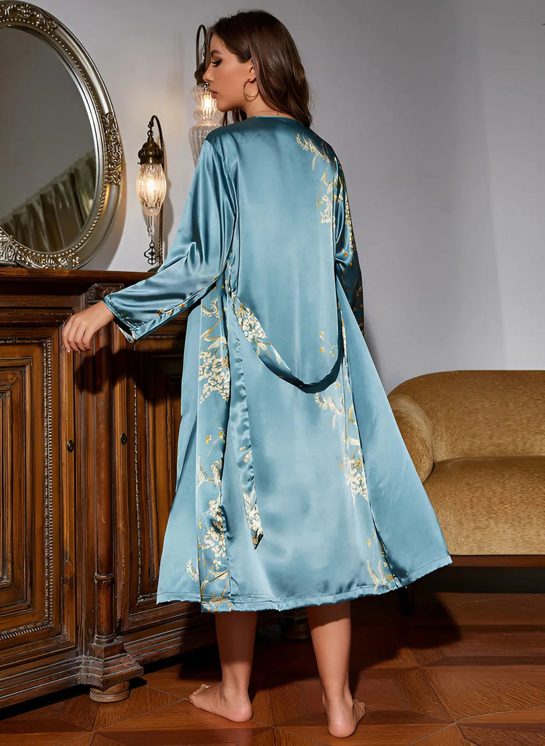 Stylish two-piece women's satin sleepwear set, including a flowy kimono and a matching nightdress.