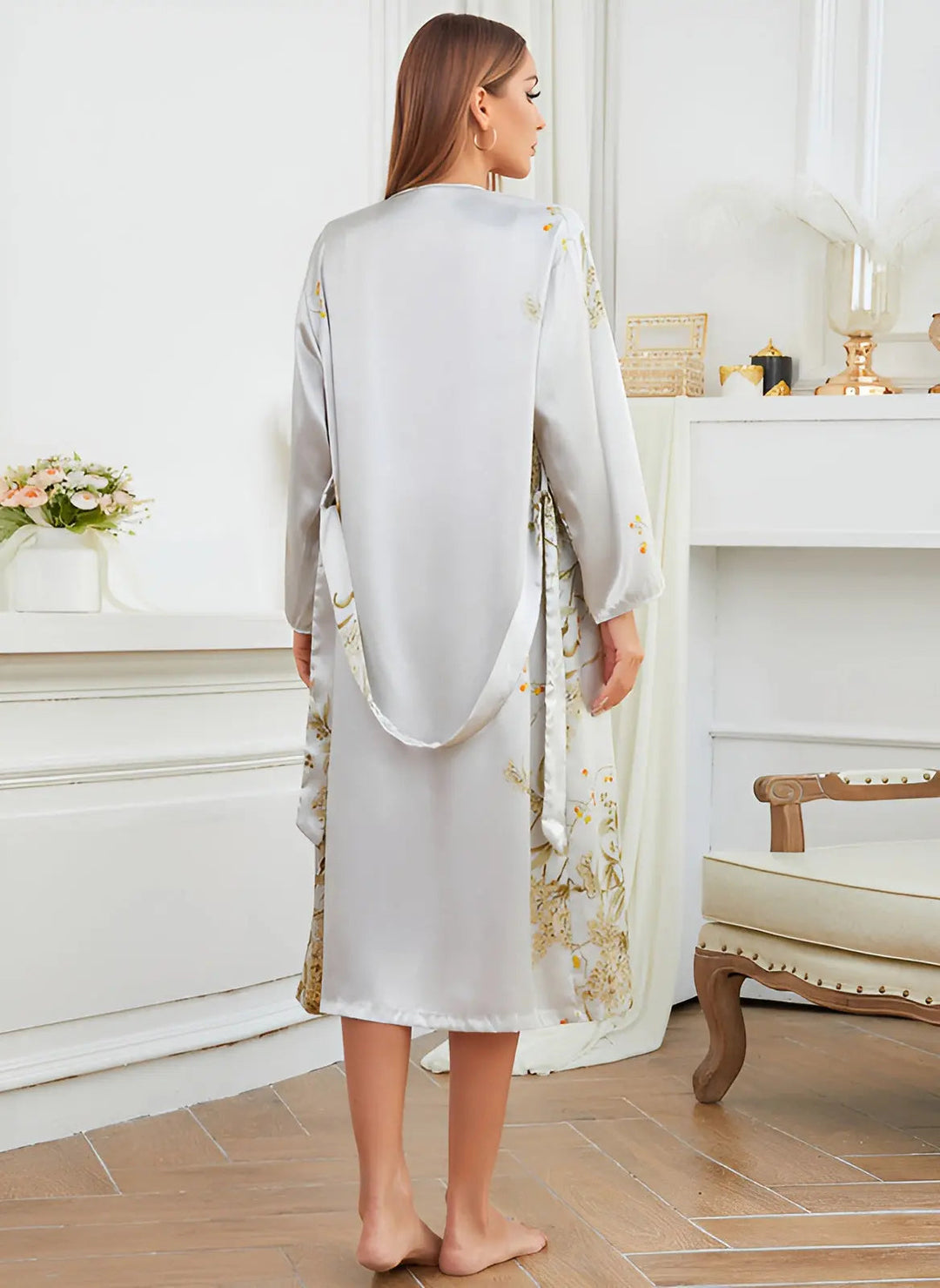 Close-up of the silky satin fabric of the women's two-piece kimono nightwear and loungewear set.