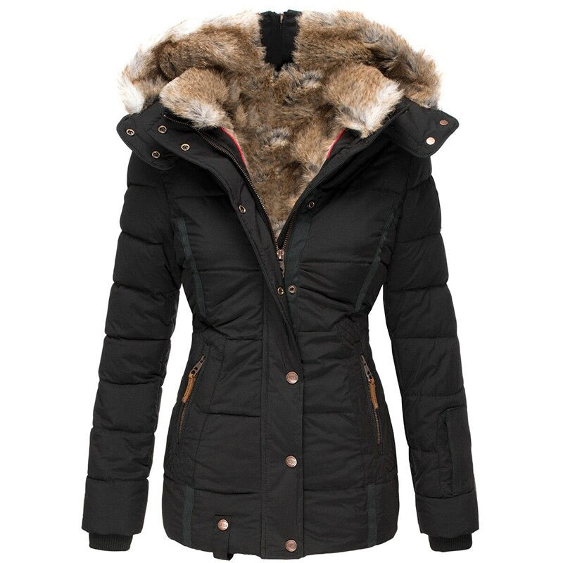 Luxurious women's fur-lined winter coat, warm, waterproof & insulated. Perfect stylish outerwear for cold weather.