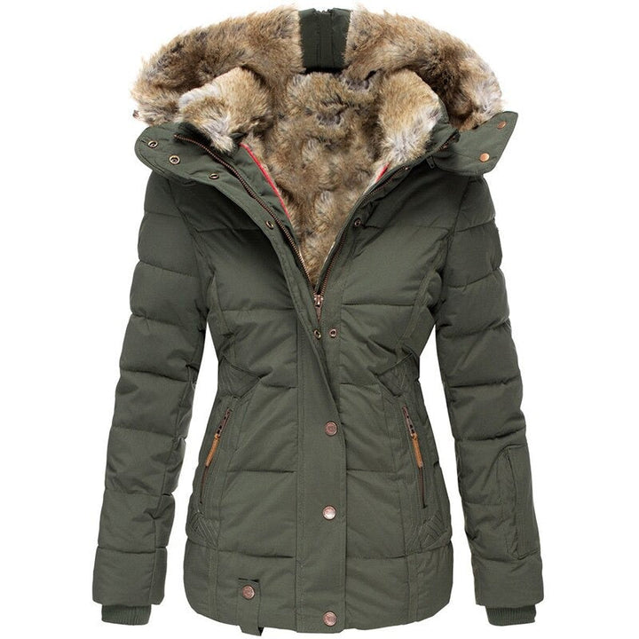Elegant women's fur-lined winter coat, warm, waterproof & insulated. Stylish outerwear for cold, snowy weather.