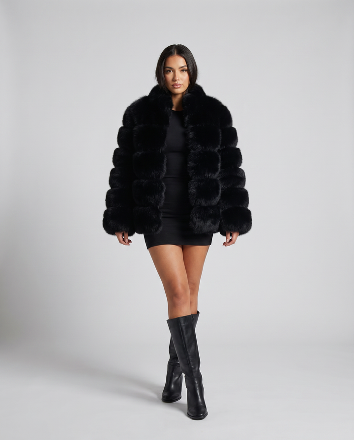 Luxurious women's plush winter jacket in a chic brown, offering warmth and style for cold weather outerwear.