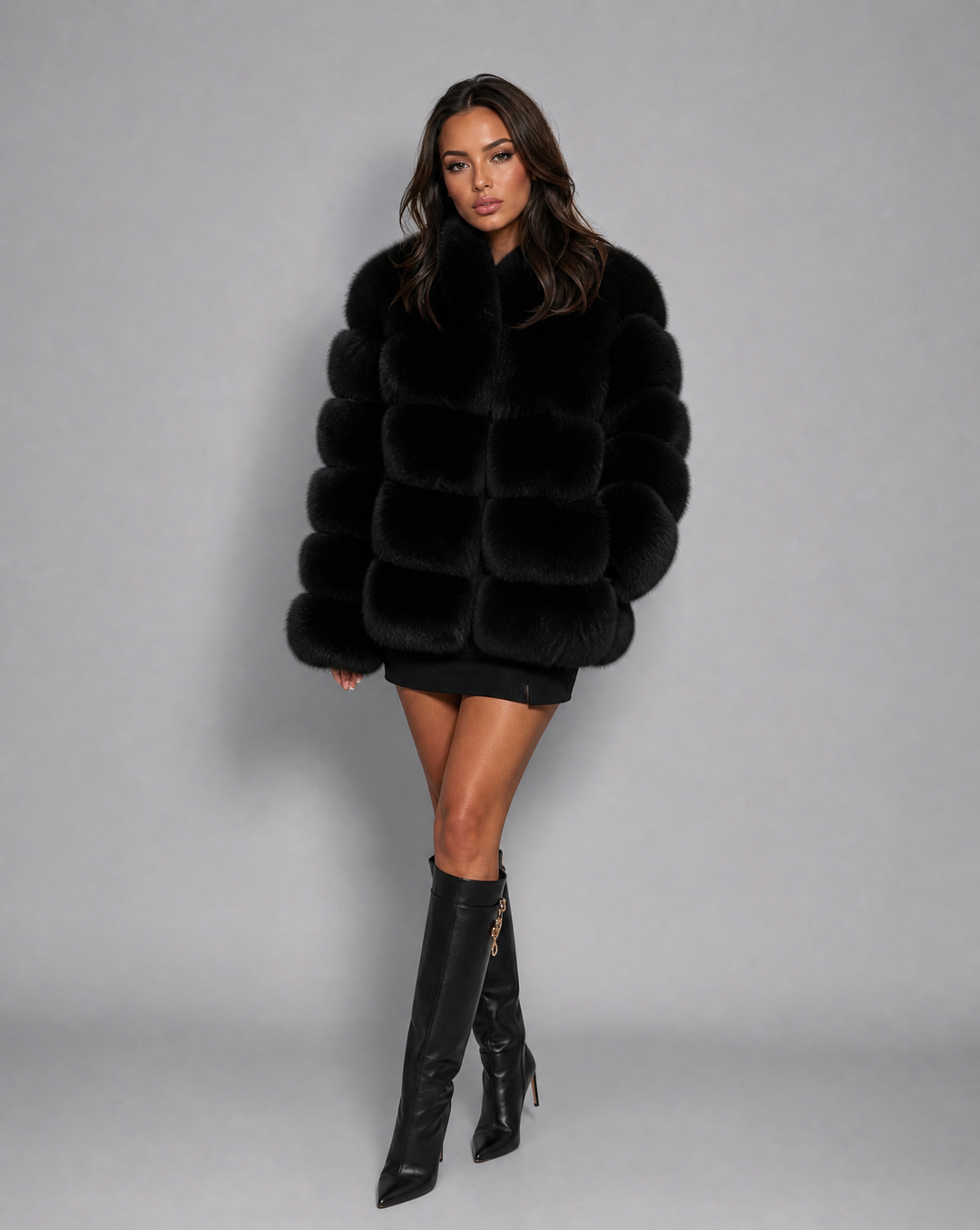 Elegant women's plush winter jacket, a sophisticated and warm outerwear choice for luxurious cold-weather style.