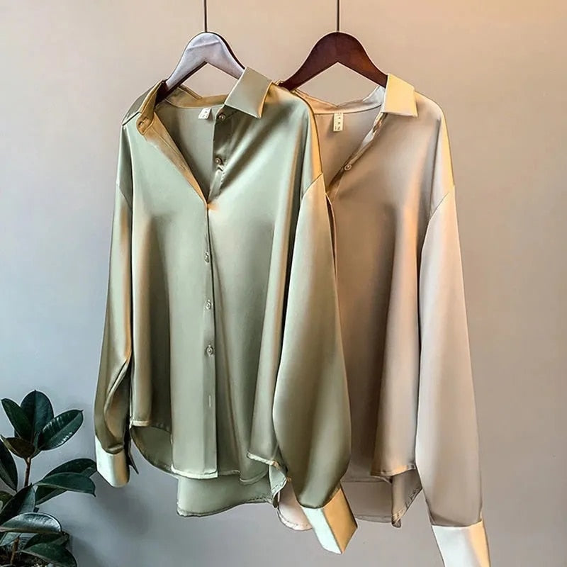 Luxurious women's silk classic fall blouse. Elegant long-sleeve top for workwear & office fashion.