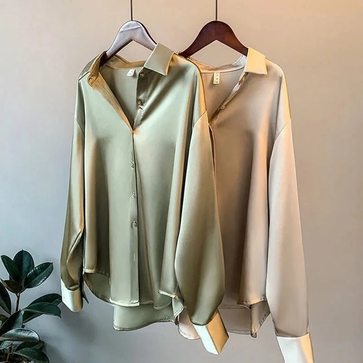 Luxurious women's silk classic fall blouse. Elegant long-sleeve top for workwear & office fashion.