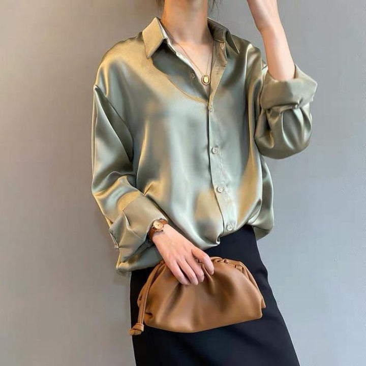 Smooth women's silk classic fall blouse. Elegant long-sleeve top for luxury apparel & professional workwear.