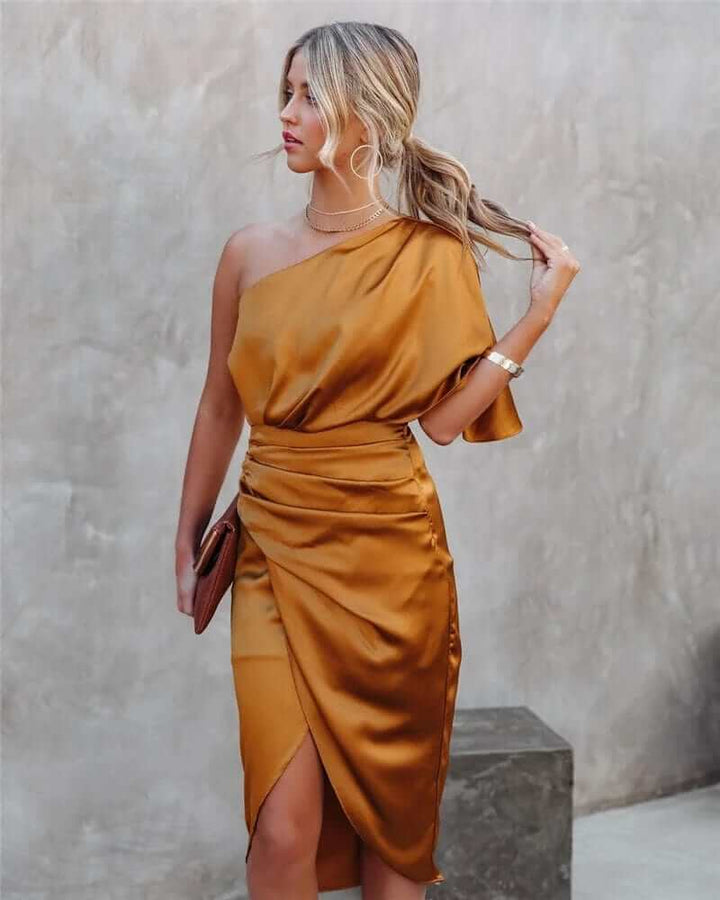 Sleek women's silk midi party dress, elegant and luxurious for formal special occasions.