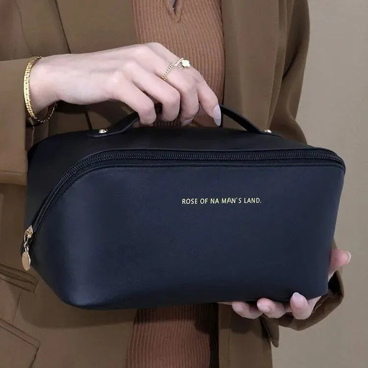 Zippered travel makeup pouch, luxury PU leather beauty organizer for women on the go.