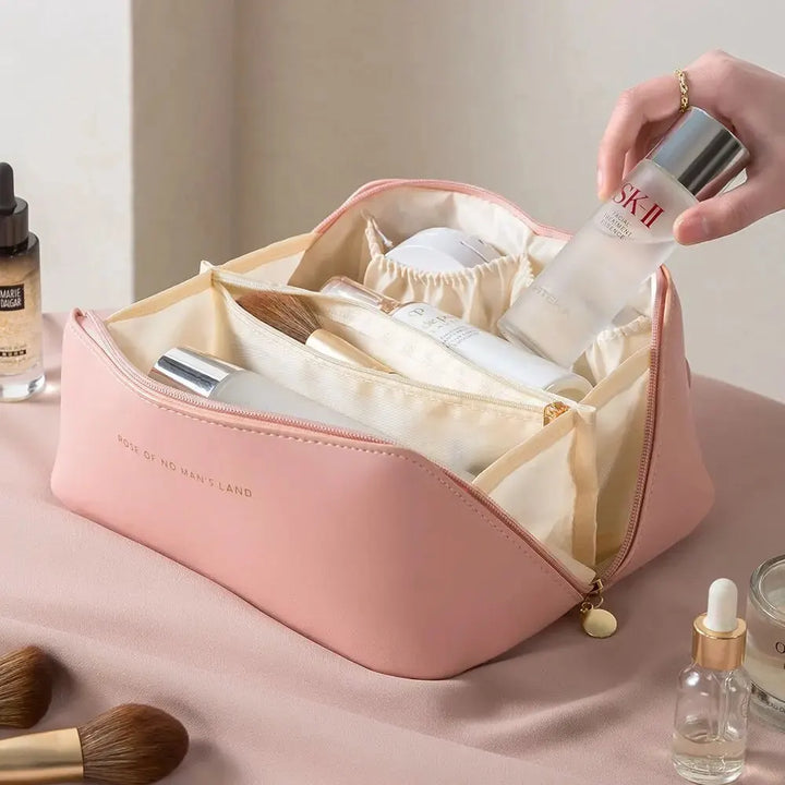 Women's waterproof travel makeup bag, an elegant PU leather toiletry organizer.