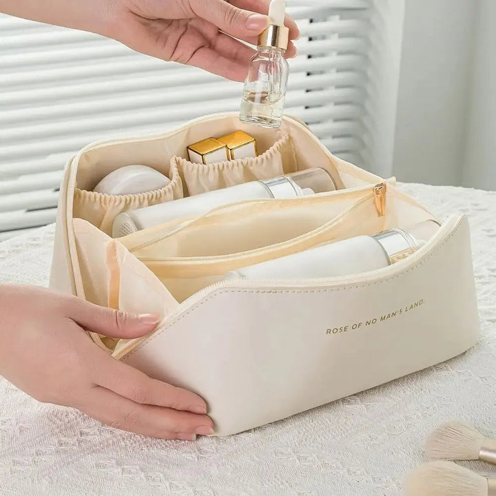 Luxury travel cosmetic organizer, a practical zipper bag for women's beauty products.