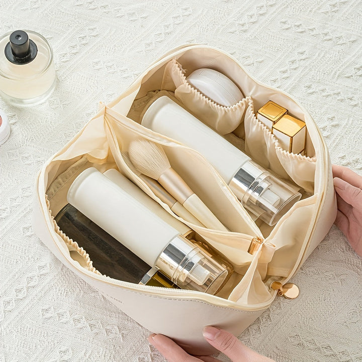Elegant women's toiletry bag made of PU leather with a durable zipper for travel.