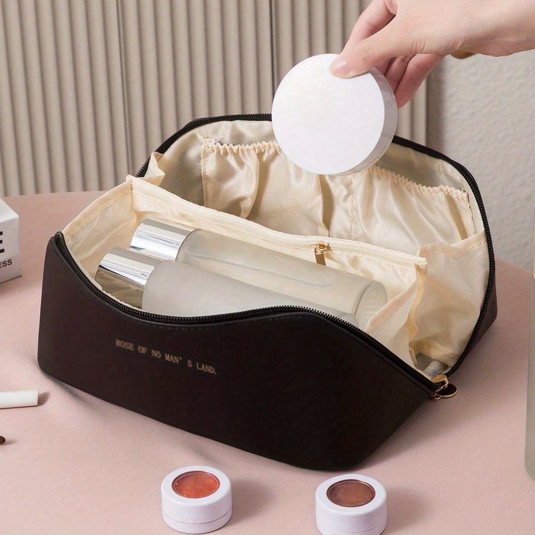 Travel makeup organizer, a luxury zipper bag for cosmetics & beauty accessories.