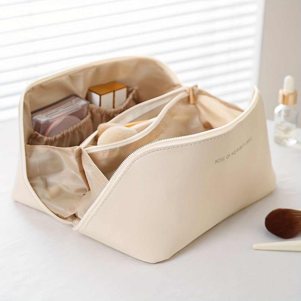 Premium PU leather travel cosmetic bag with zipper, perfect for women's essentials.