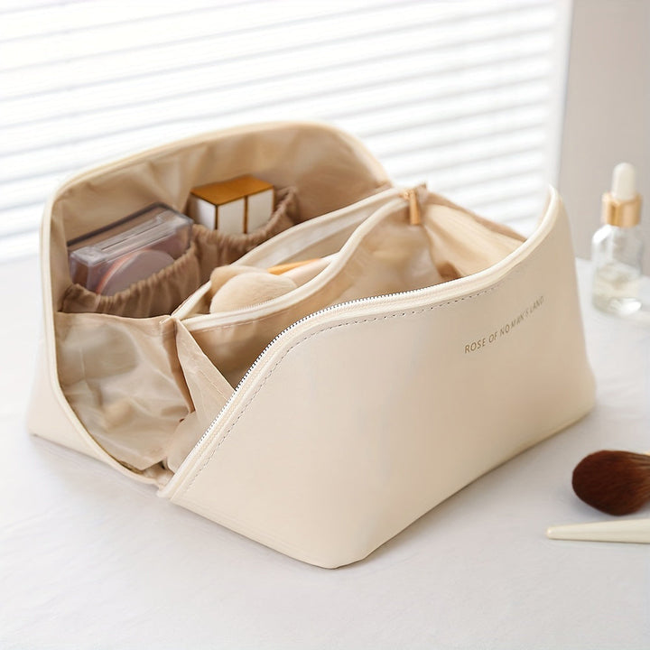 Premium PU leather travel cosmetic bag with zipper, perfect for women's essentials.