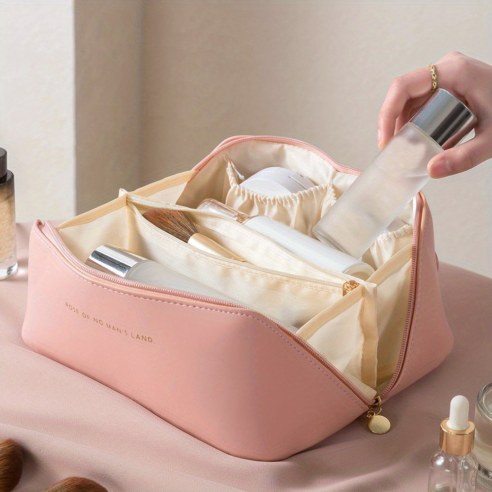 Women's luxury travel toiletry organizer, PU leather zipper pouch for cosmetics.