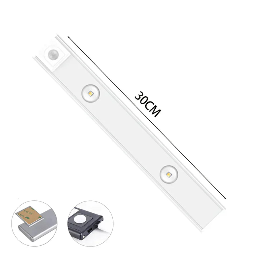 Sleek rechargeable wireless LED motion sensor light, perfect for under cabinet kitchen & closet illumination.