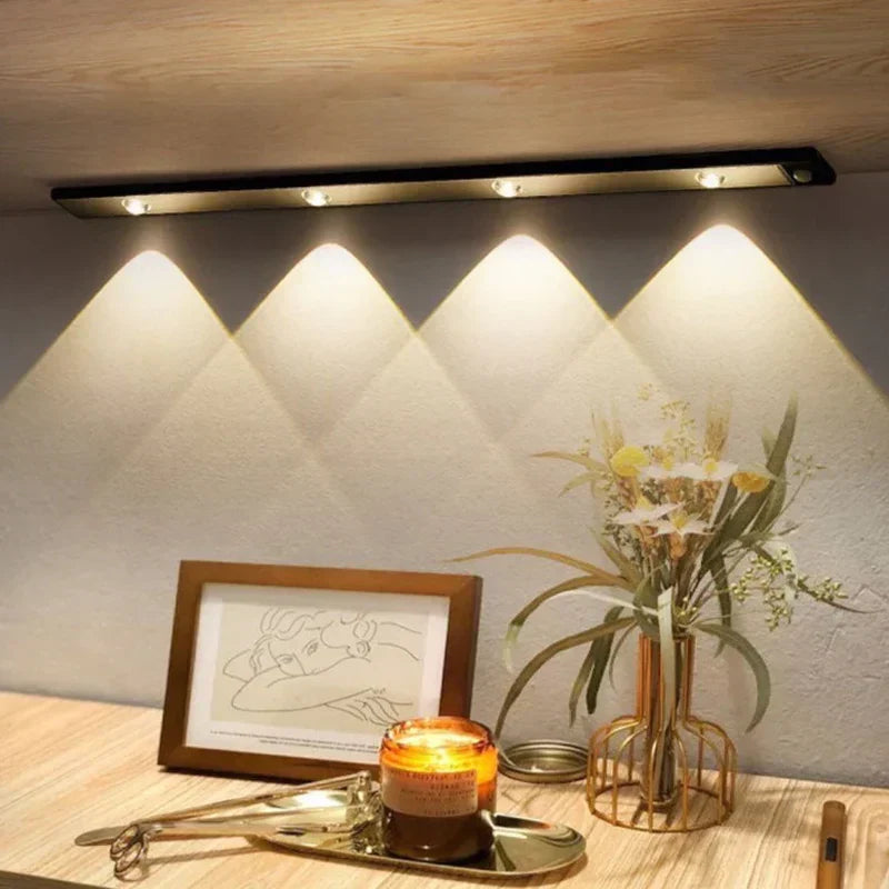 Elegant rechargeable wireless LED strip with motion sensor, offering perfect under cabinet and closet illumination.