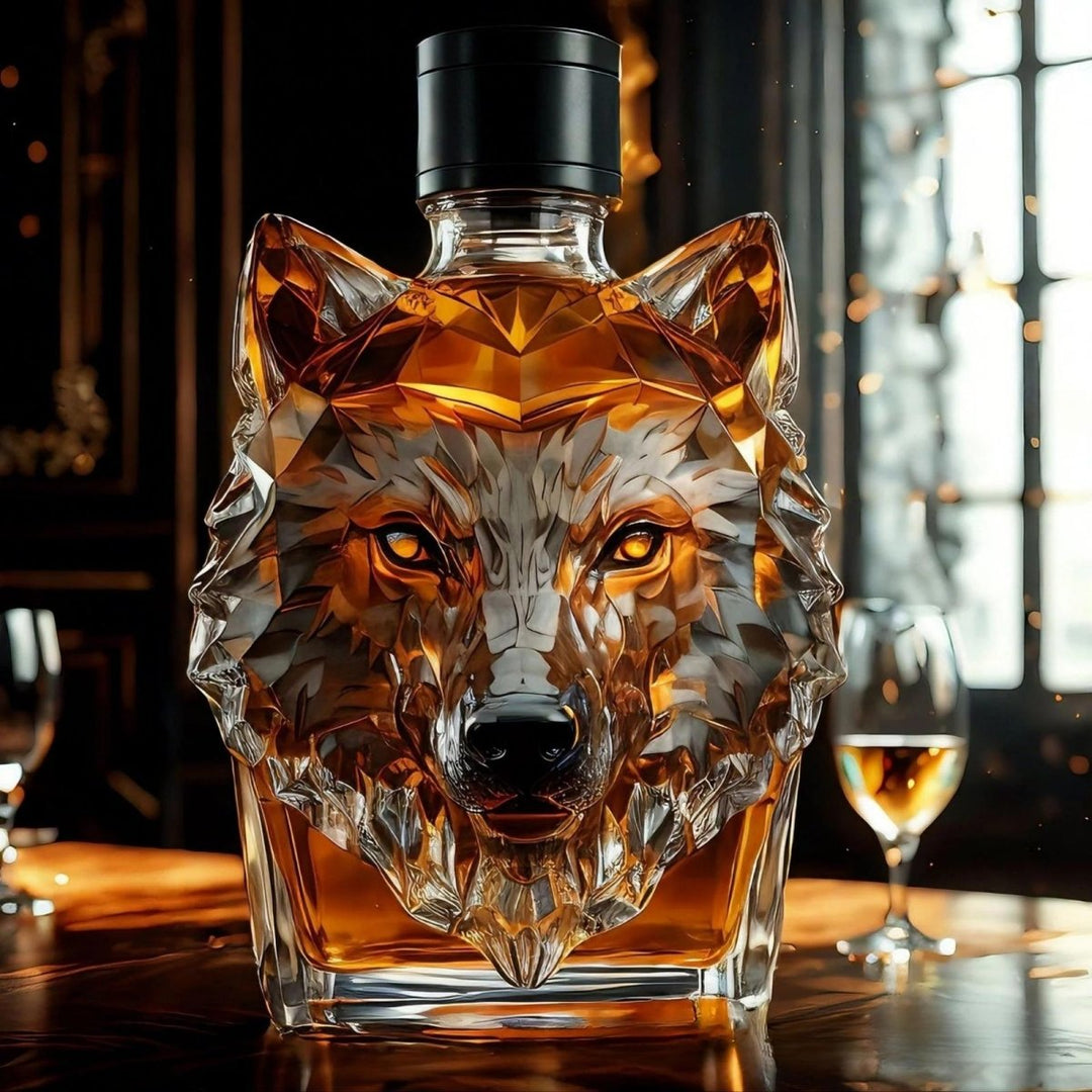 Luxury wolf head whiskey decanter for bourbon & spirits. Unique barware glassware, perfect home bar gift.