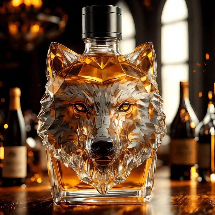 Distinctive wolf head whiskey decanter, ideal for spirits, bourbon. Elegant barware & drinkware for your home bar.