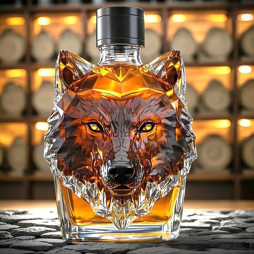 Unique wolf head whiskey decanter glassware. Perfect luxury gift for bourbon lovers & home bar enthusiasts.