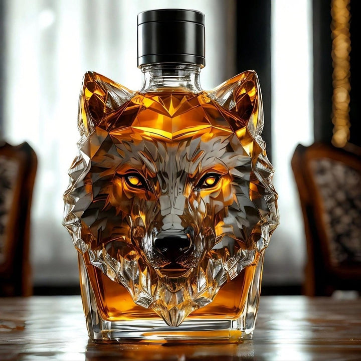 Detailed wolf head whiskey decanter stores bourbon & spirits. Stylish barware for a unique home bar experience.