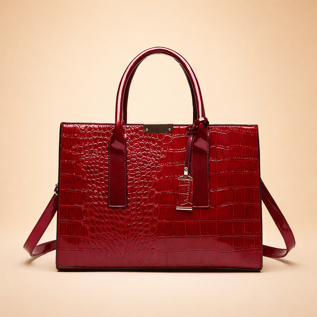 Luxury women's croc-embossed structured tote bag, elegant fashion accessory with ample space.