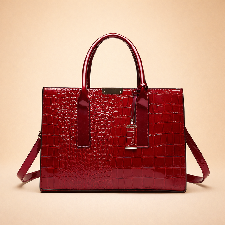 Luxury women's croc-embossed structured tote bag, elegant fashion accessory with ample space.