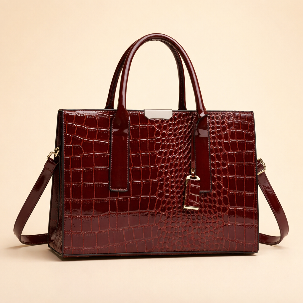 Red croc-embossed structured tote bag, a stylish and versatile women's handbag for fashion statements.