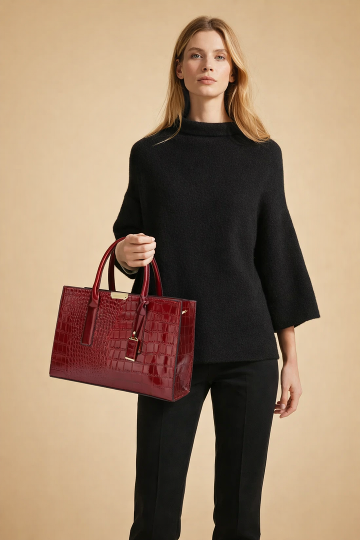 Black croc-embossed structured tote bag, a sophisticated women's handbag with luxury style & versatility.