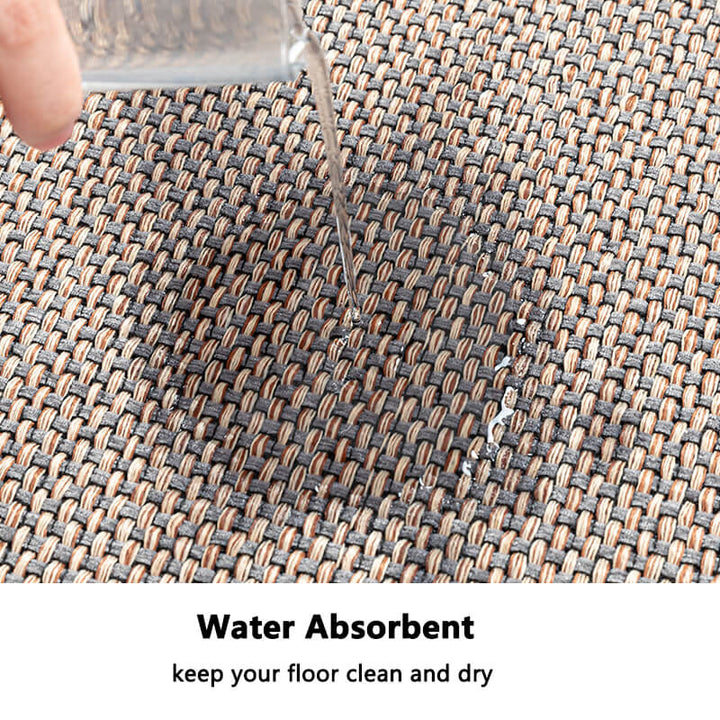 Machine washable woven indoor door mat with a timeless weave pattern, non-slip backing, and plush polypropylene surface.