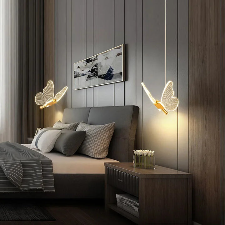 Close-up of the glowing LED butterfly pendant, perfect for magical kids' room lighting & whimsical decor.