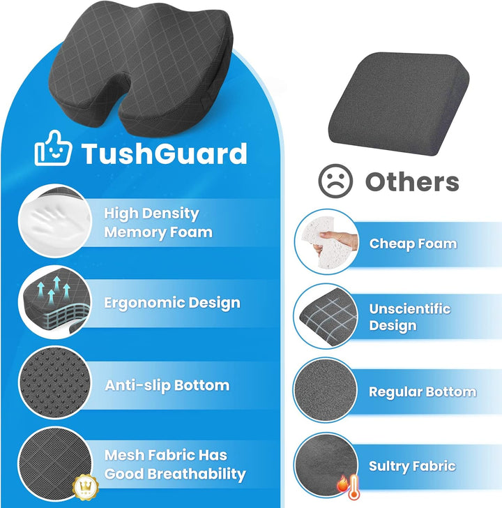 Orthopedic memory foam seat cushion for proper spinal alignment. Reduces pain from prolonged sitting.