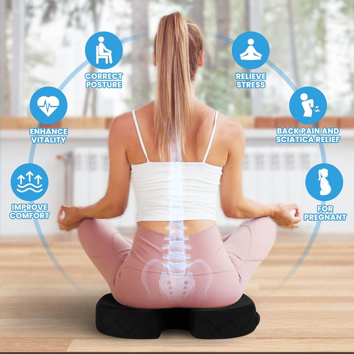 Spinal alignment memory foam cushion for back support. Perfect for ergonomic office & car seating.