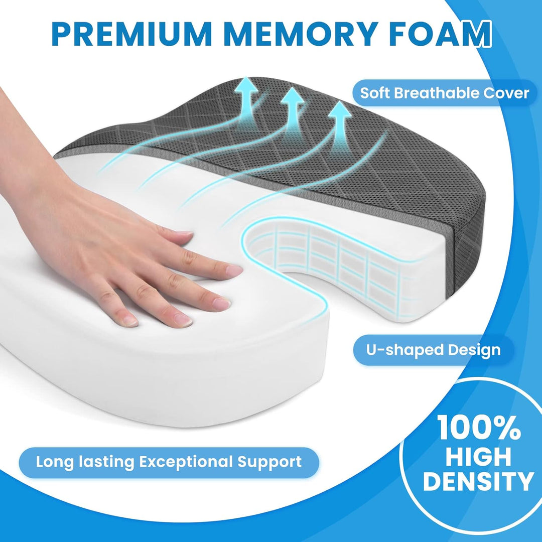 Daily relief with a memory foam seat cushion. Alleviates back & hip pain in office or car.