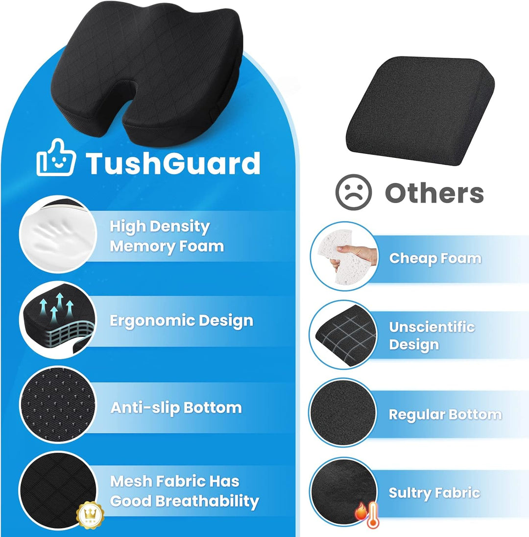 Long-lasting memory foam cushion for consistent back & hip support in office & car.