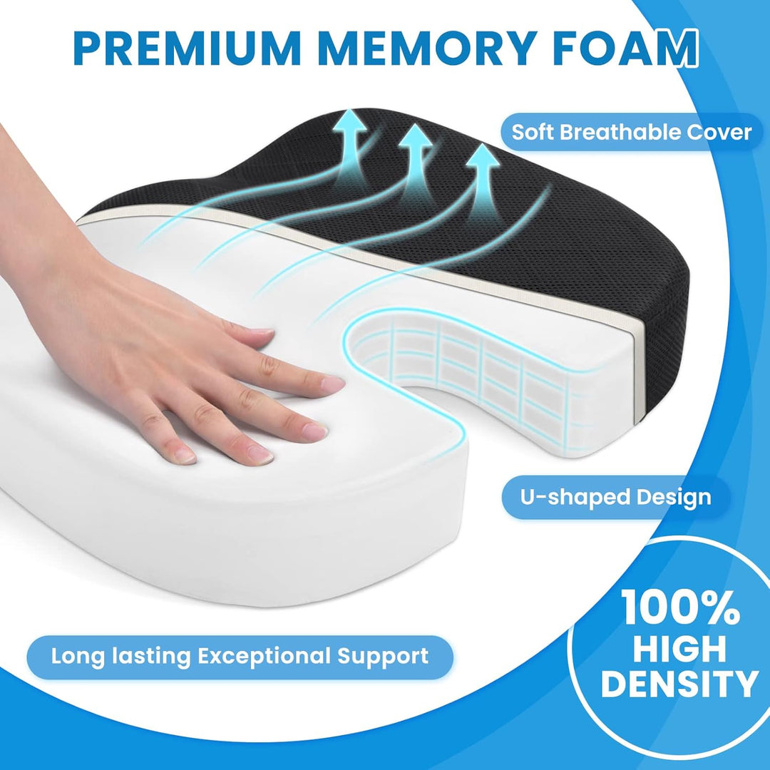 Versatile memory foam seat cushion for office, car, wheelchair, & home. Ultimate comfort & support.