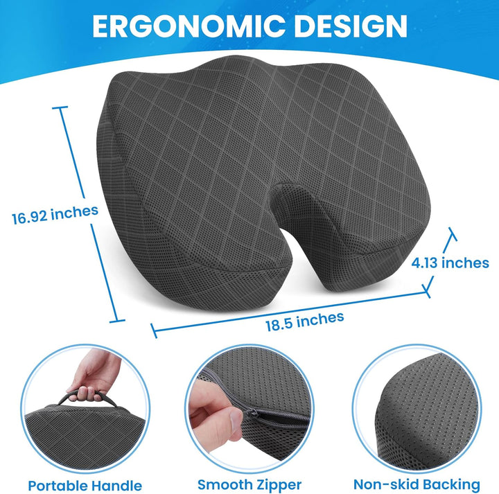 Ergonomic memory foam seat cushion for office, car, & home. Provides back, hip, & tailbone pain relief.