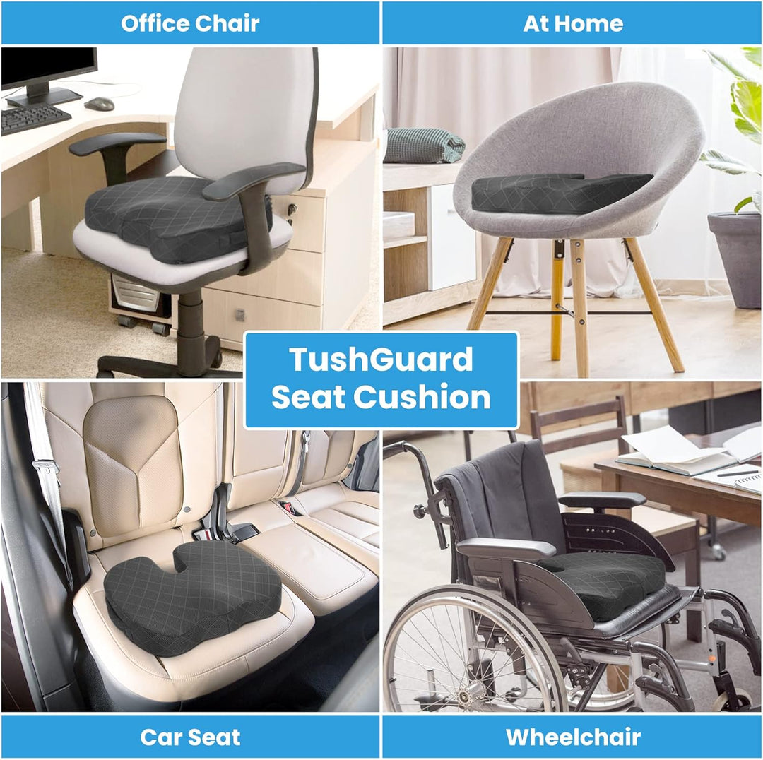 Ergonomic memory foam seat cushion provides superior comfort, posture correction, & pain relief for office & car.