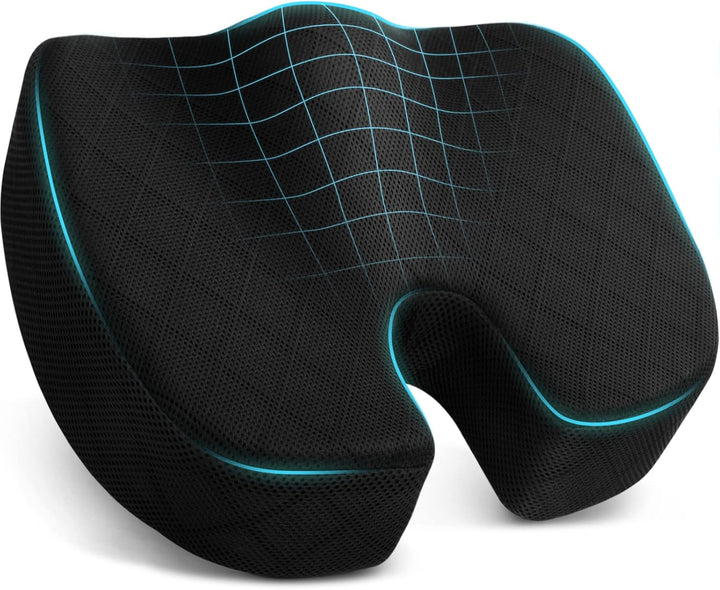 Therapeutic memory foam seat cushion. Sciatica & tailbone pain relief for office, car, & home seating.