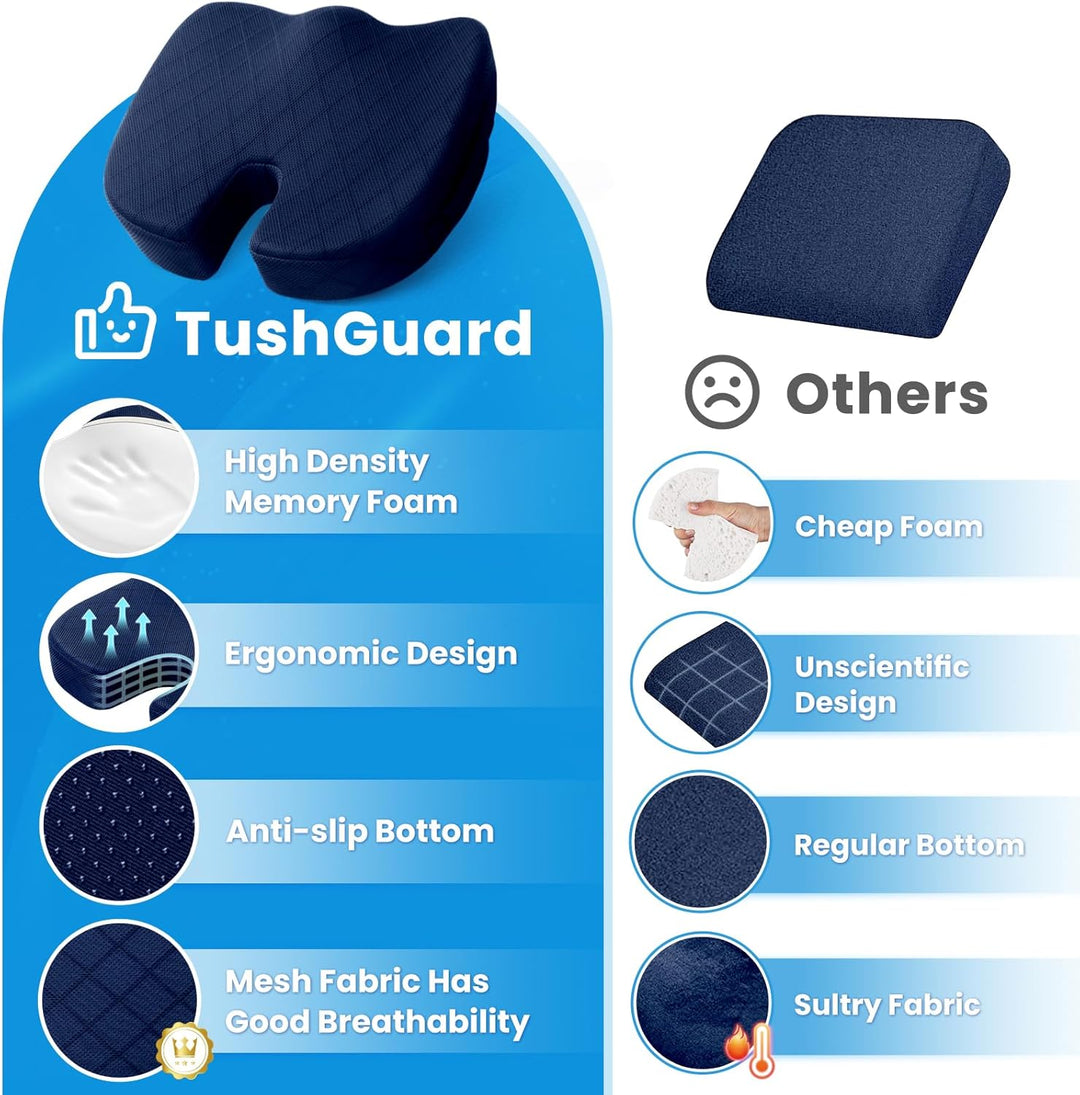 Portable memory foam seat cushion for travel comfort. Perfect for long flights, train rides, & stadium seats.