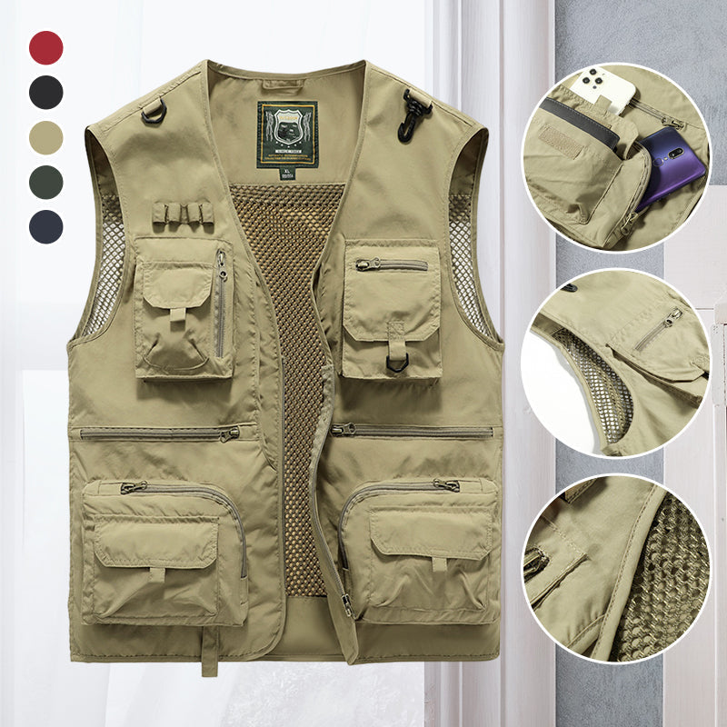 Adjustable fit men's survival vest, military style, perfect for adventure and hiking.