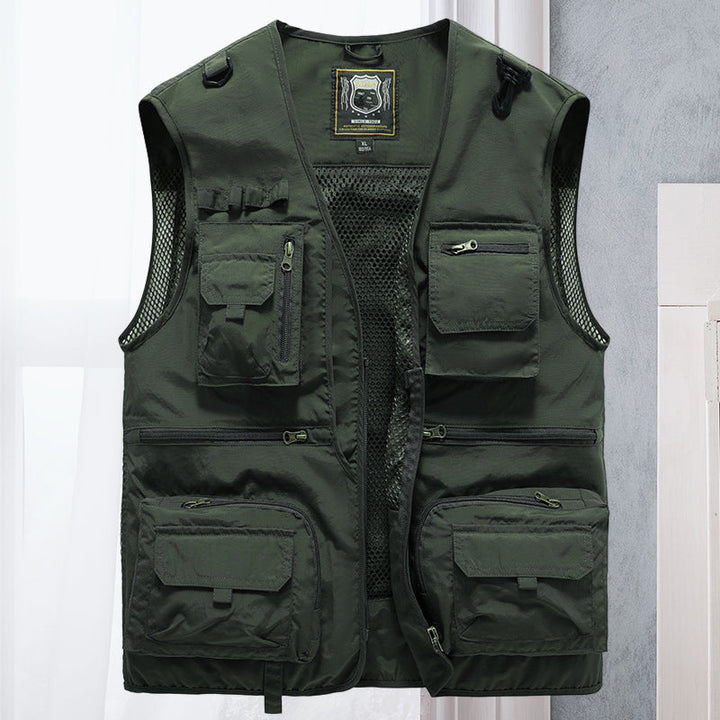 Rugged ActionGuard men's tactical vest, multi-pocket, essential for hiking & survival gear.