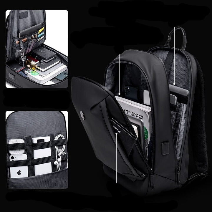 Sleek black men's water-resistant backpack, front view. Ideal anti-theft travel bag for daily commute & hiking.