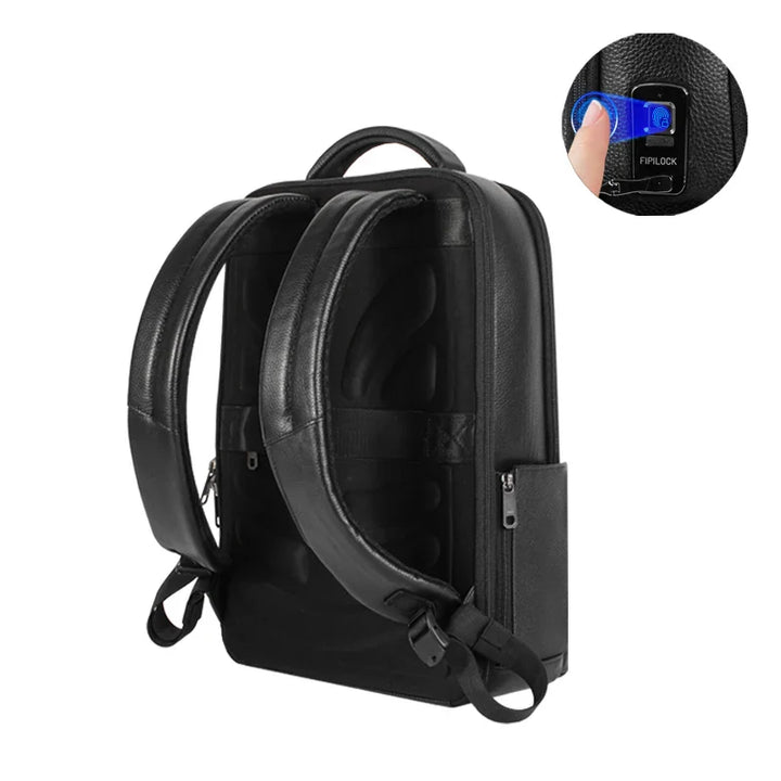 High-security men's laptop backpack with integrated fingerprint lock, anti-theft for business travel.