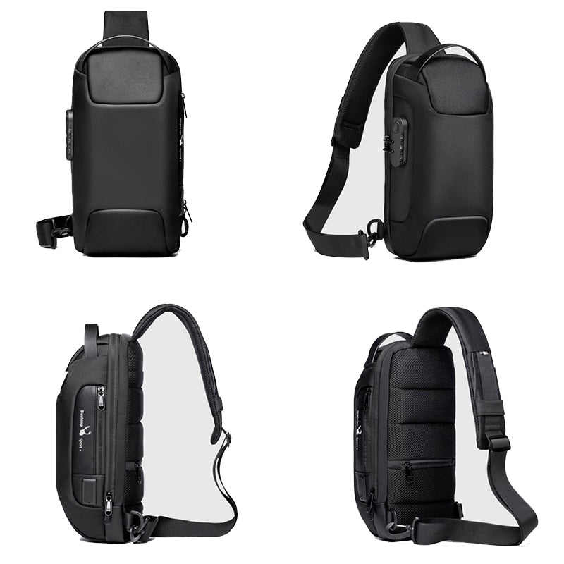 Compact men's daily carry bag: water-resistant, anti-theft crossbody with external USB charging.