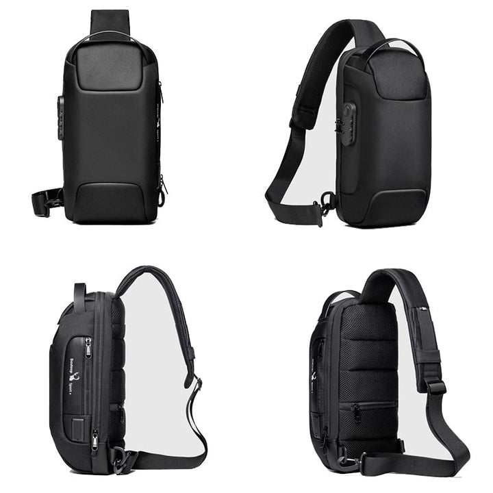 Compact men's daily carry bag: water-resistant, anti-theft crossbody with external USB charging.