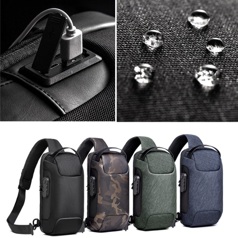 Durable water-resistant anti-theft men's crossbody bag, designed with a practical USB charging feature.