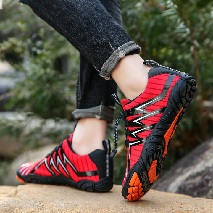 Mens barefoot hiking shoes, flexible & durable for natural outdoor trails, comfortable long-distance walking.