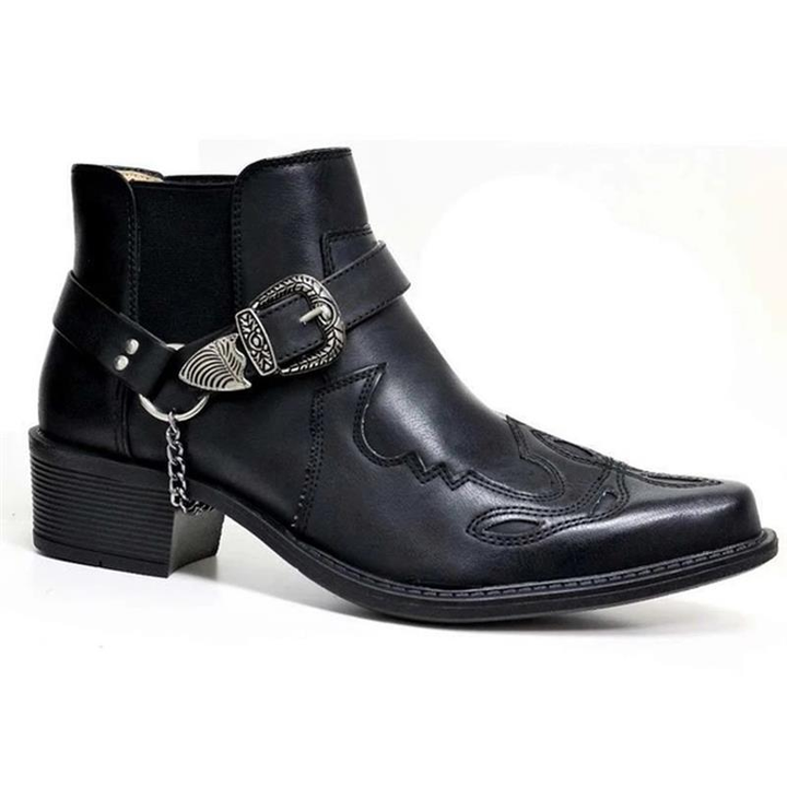 Men's black ankle cowboy boots with buckle strap, pointed toe, and Western stitching. Perfect for casual or dress wear.