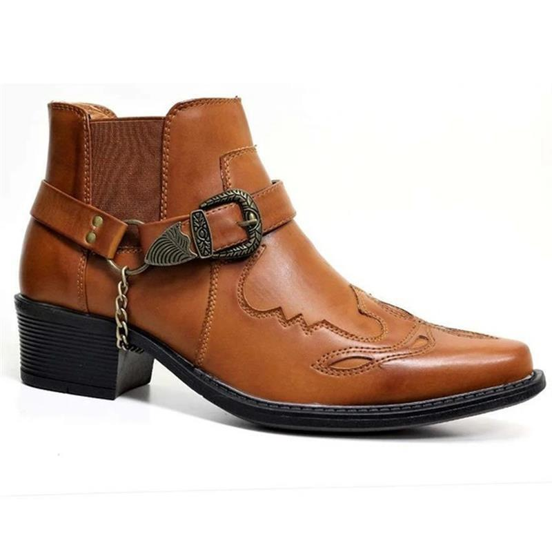 Stylish men's brown Western ankle boots featuring a buckle strap, pointed toe design, and comfortable fit.